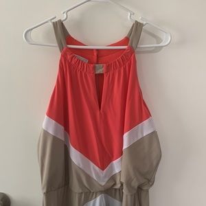 Floor length black, pink, tan and white dress